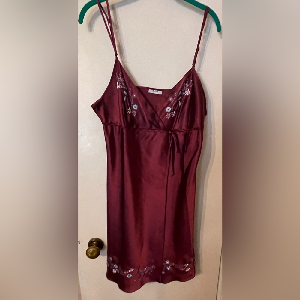 Deep Red Silky Poly Slip Lingerie Nighty Embroidered Paris Adjustable Straps